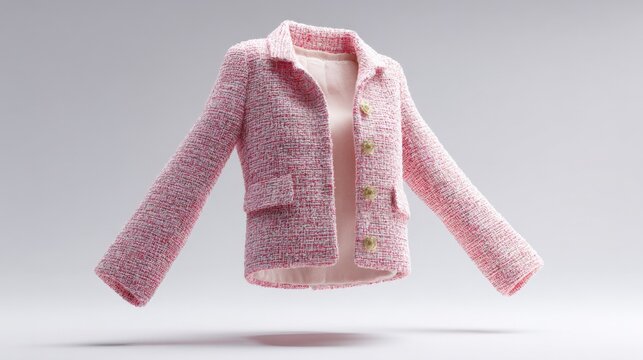 Elegant Pink Tweed Blazer with Gold Buttons, Classic Tailored Fashion for Women