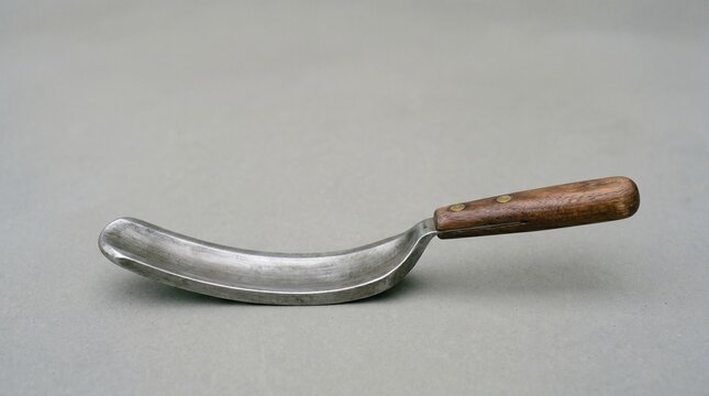 A vintage curved drawknife or spokeshave tool with a wooden handle and metal blade, used for woodworking and shaping curved surfaces
