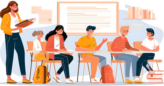 With the teacher, students or teenagers engage in learning and listen to comprehend the curriculum
