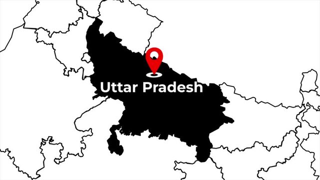 Zoomed in India map animation highlighting Uttar Pradesh state in a solid black silhouette with a red location pin icon and blinking target dot on a white outline background