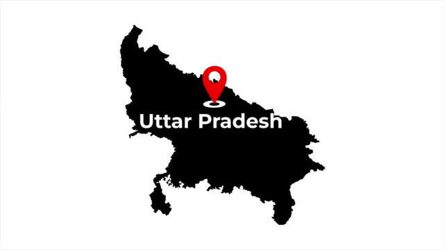 Uttar Pradesh India map animation featuring a black state silhouette with a red location pin icon and blinking target dot on a white background