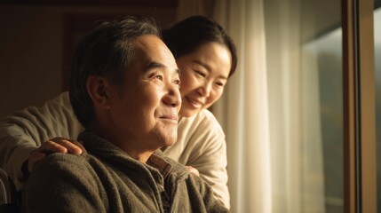 Fototapeta premium Elderly Asian couple sharing a tender moment by the window, bathed in warm sunlight, representing companionship and comfort