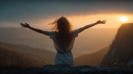 Fototapeta premium Woman Embracing Sunrise on Mountain Top, Arms Wide Open, Feeling Free and Empowered