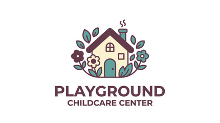 Fototapeta premium Playground Childcare Center Logo with House and Flowers.