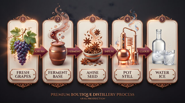 Premium boutique distillery process infographic for arak production