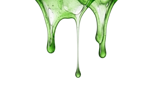 A viscous green liquid, possibly slime or gel, dripping and flowing downwards, creating multiple drips.