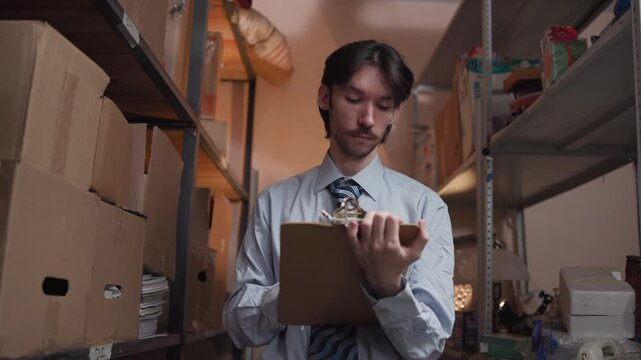 Man checking inventory on clipboard in narrow storage room aisle