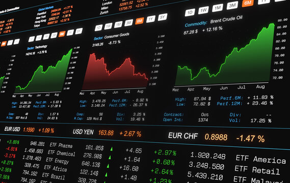 Sector stock index chart technology up and consumer goods down and brent crude oil up. Financial market and commodity data, trading board, stock market price information, investment strategy.