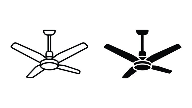 Ceiling fan cooling appliance icon set in outline and solid black silhouette for home climate control