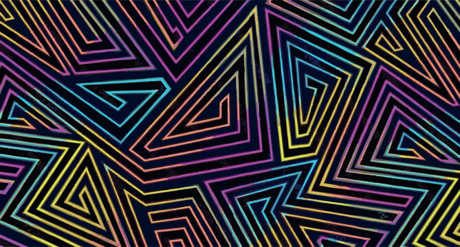 Geometric seamless pattern with neon colorful lines on dark background. Vector abstract maze texture, cyberpunk techno labyrinth background, synthwave zig zag backdrop