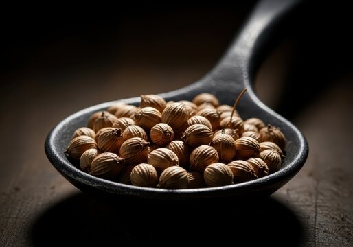 Close-up of Dried Coriander Seeds in a Rustic Black Spoon with Dramatic Lighting for Culinary and Food Photography