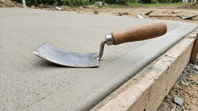 A concrete edging trowel resting on a freshly poured concrete slab next to wooden formwork at a construction site