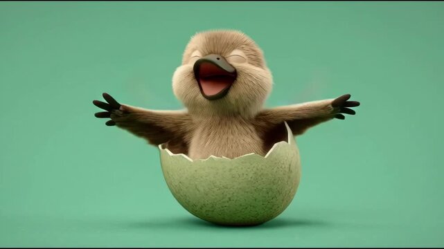 Baby Platypus Hatching and Celebrating in Egg Shell on Green Background Cinematic 3D Animation