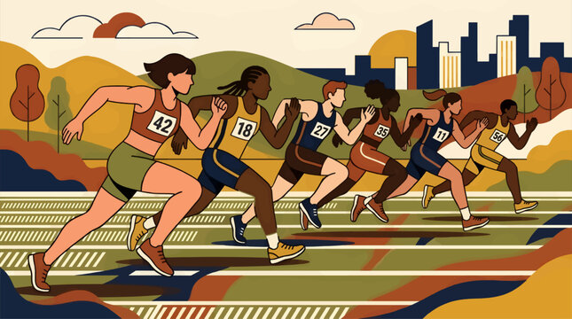 Diverse Athletes Competing in Flat Design Track Race, City Skyline Background, Autumn Colors, Vector Illustration