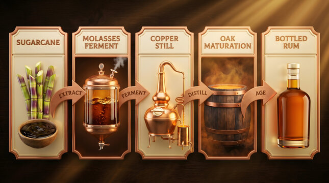 Luxurious rum production process illustrated through sugarcane extraction fermentation distillation aging