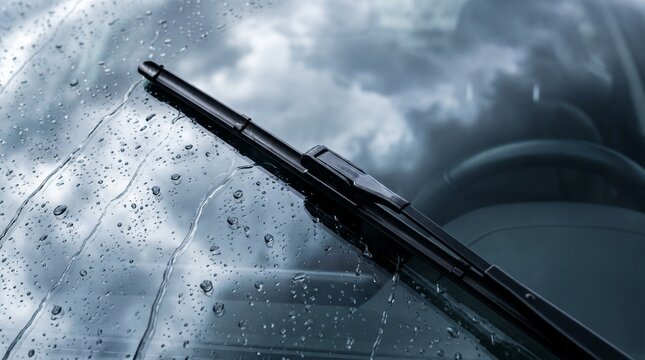 Close-up of a car windshield wiper on a rainy day with droplets on the glass