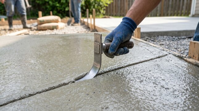 Construction worker using a groover tool to create a control joint in wet concrete for a new patio or driveway project