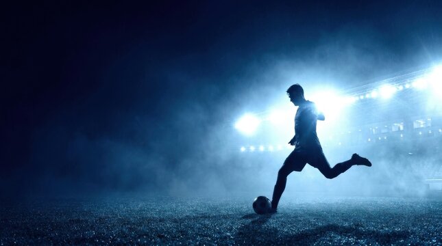 Silhouette of soccer player kicking ball on pitch, dramatic backlit blue stadium floodlights and fog copy space, epic football action.