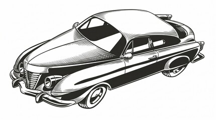 Obraz premium Black and White Classic American Car stock illustration, Classic vintage car illustration — stylized black‑and‑white drawing of a mid‑century automobile