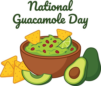 National guacamole day text with a brown bowl of green avocado dip topped with red beans and lime wedges next to yellow triangular tortilla chips and fresh avocado halves on a white background