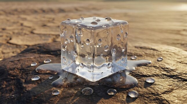 A single melting ice cube resting on a dry desert rock under the hot sun with water droplets pooling around it, symbolizing climate change and global warming