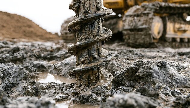 Heavy Construction Equipment Drilling Muddy Ground with Auger Bit Close Up.