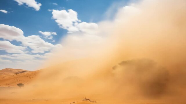Dramatic Sandstorm Sweeps Across Namibian Desert Landscape with Acacia Trees.