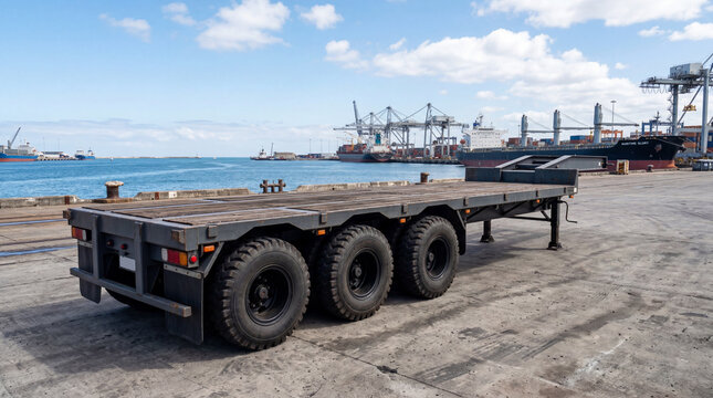Professional High Quality Image Of Empty Heavy Lift Flatbed Truck Cargo Trailer Parked Alone Outside
