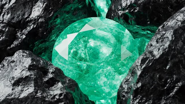 Polished faceted green emerald gemstone glowing with internal light inside a dark rough black rock crevice. Macro view of a luminous beryl crystal specimen embedded in stone.