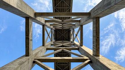 Naklejka premium Low Angle View Looking Straight Up At Massive Concrete Pylons Supporting Soaring Harbor Bridge Structure