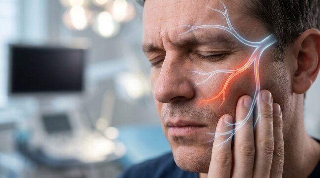 Man Suffering From Trigeminal Neuralgia With Facial Nerve Anatomy
