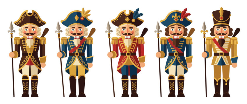 Set of Five Traditional Nutcracker Soldiers in Uniforms Holding Spears