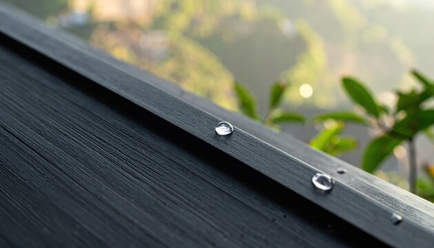 Dew drops on a dark textured ledge with plants.