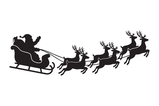 Santa Claus Sleigh Silhouette with Reindeer Flying on White Background