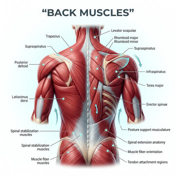 Detailed medical illustration showing human back muscles with labeled anatomical parts including trapezius latissimus dorsi and various spinal support groups