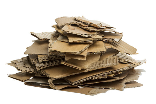 Stack of torn corrugated cardboard pieces with rough edges, isolated on transparent background