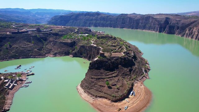 Aerial view of Laoniuwan Yellow River scenery in Hohhot, Inner Mongolia, China 
