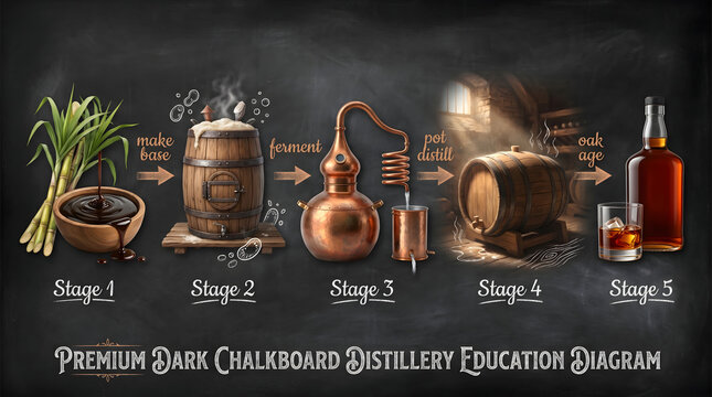 Step by step distillery process infographic with wooden barrels copper still fermentation aging and botanicals on dark chalkboard background