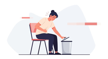 Fototapeta premium Woman Experiencing Abdominal Pain And Vomiting, Feeling Ill, Sitting Beside The Trash Can