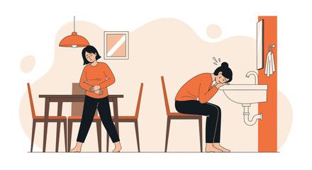 Fototapeta premium Woman Experiencing Abdominal Pain And Illness In A Kitchen And Bathroom, Feeling Unwell