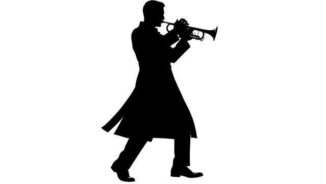 Silhouette of a person playing a trumpet in motion.