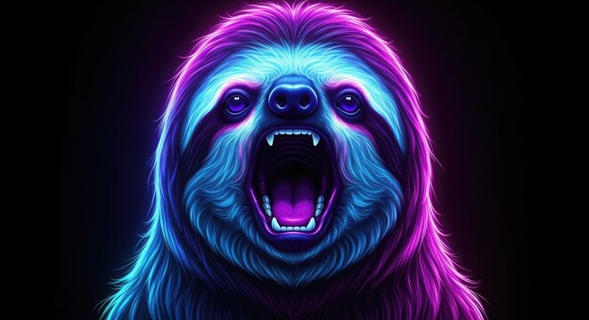 Neon glowing sloth head screaming on black background.