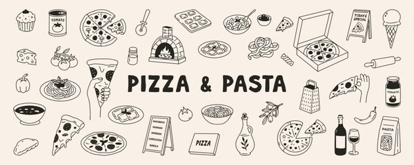 Naklejka premium Hand drawn pizza illustration set with chefs, food lovers and Italian cuisine elements. Features pizza slices, mozzarella, pepperoni and restaurant characters. Perfect for menu, pizzeria