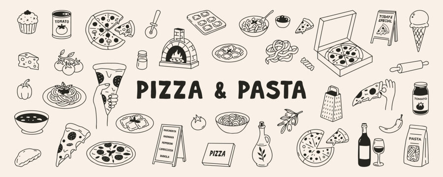 Hand drawn pizza illustration set with chefs, food lovers and Italian cuisine elements. Features pizza slices, mozzarella, pepperoni and restaurant characters. Perfect for menu, pizzeria