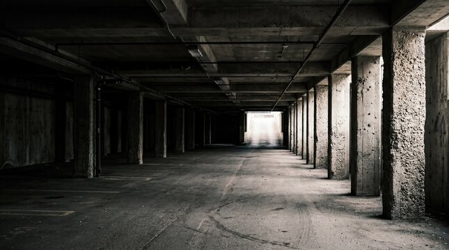 Cavernous empty underground parking basement with a low ceiling rough aggregate concrete columns interior space