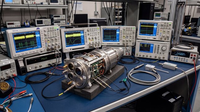 Complete array of high tech digital oscilloscope monitors and calibration data sensors surrounding a station