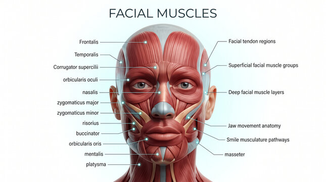 Detailed medical illustration showing human facial muscles with labels for anatomy education on a clean and bright white background