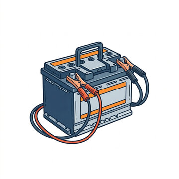 Car Battery With Jumper Cables Connected For Power.