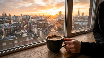 Obraz premium Serene cityscape view during sunset with a person relaxing by a window holding a coffee mug