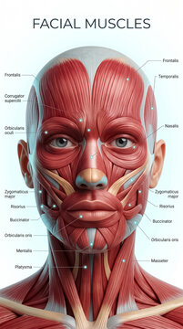 Detailed medical illustration showing human facial muscles with labels for anatomy education on a clean and bright white background setting